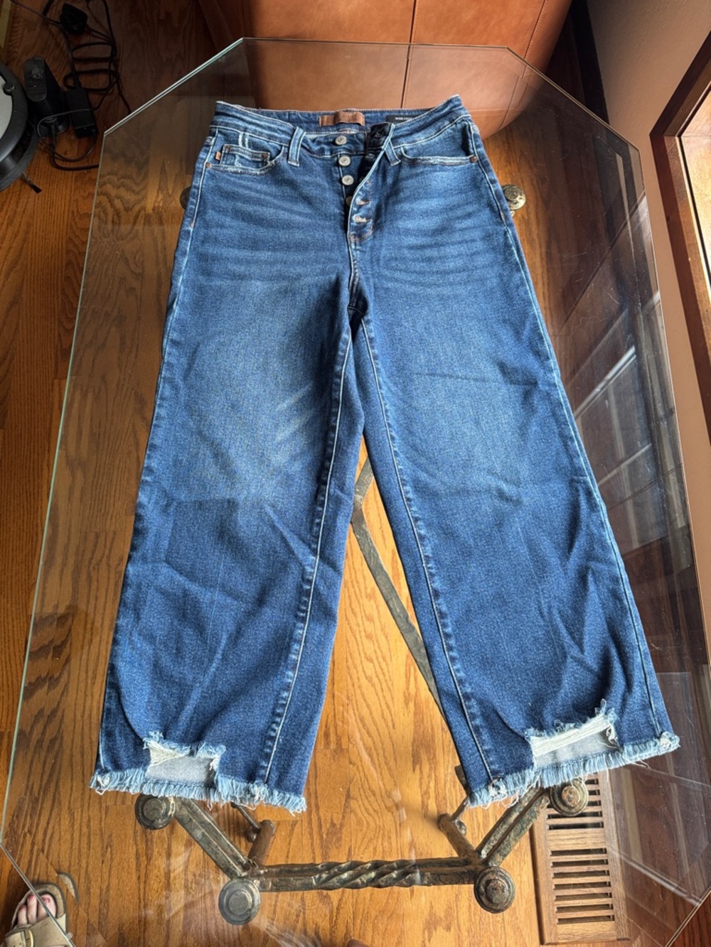 Judy Blue High-Rise Wide-Leg Jeans with Frayed Hem in Dark Blue